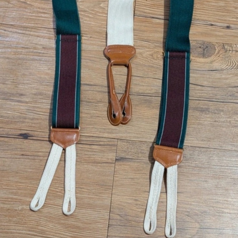 Trafalgar Mens Suspenders Striped Hunter Green Burgundy Button End Braces Y-Back - Picture 7 of 7